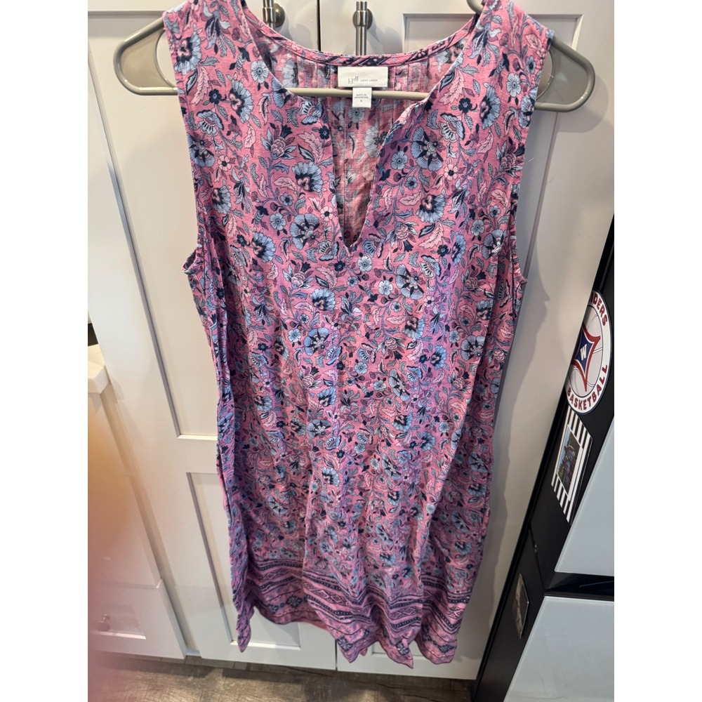 J. Jill Love Linen Pink Blue Floral Paisley Sleeveless Pintuck Shift Dress Small